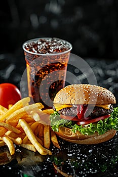 burger cola fries. Selective focus.