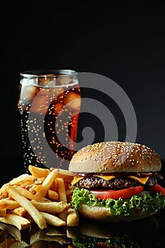 burger cola fries. Selective focus.