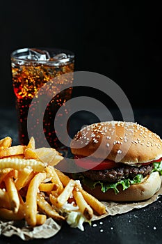 burger cola fries. Selective focus.