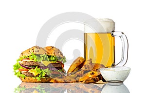 Burger, Cold Beer and Fries with Dipping Sauce