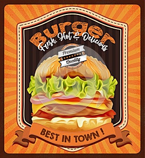 Burger colored advertising poster in vintage style for fast food product
