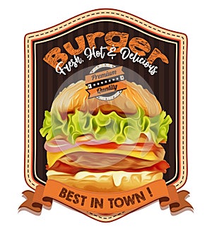Burger colored advertising poster in vintage style for fast food product