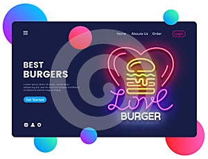 Burger concept banner. Burger fast food Neon Sign, can use for web banner, infographics, website template. Burger Cafe