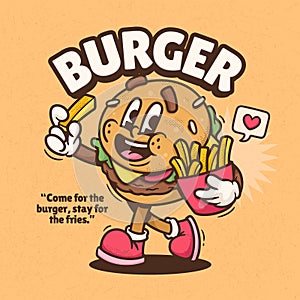 Burger Cute Trendy Retro Cartoon Vector Hand Drawn 1
