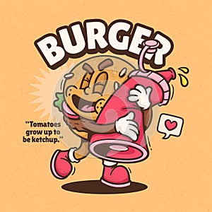 Burger Cute Trendy Retro Cartoon Vector Hand Drawn 2