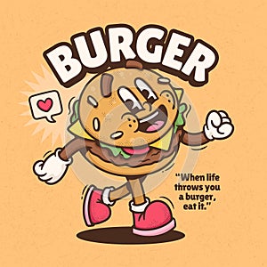 Burger Cute Trendy Retro Cartoon Vector Hand Drawn 3