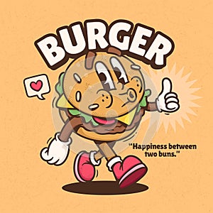 Burger Cute Trendy Retro Cartoon Vector Hand Drawn 7