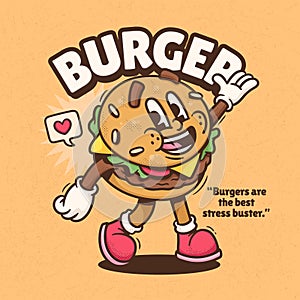 Burger Cute Trendy Retro Cartoon Vector Hand Drawn 8