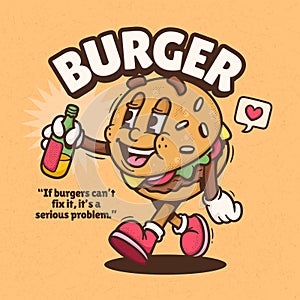 Burger Cute Trendy Retro Cartoon Vector Hand Drawn 9