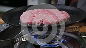 Burger cutlet on metal pan. Background, succulent.