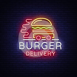 Burger delivery logo in neon style. Neon sign, light banner, design template, night neon advertising food delivery