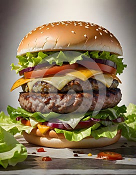 Burger, Displaying a Fully-Loaded Burger with Multiple Layers, Generative AI