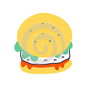 Burger doodle icon, tasty juicy hamburger with lettuce salad and cheese, isolated vector illustration. Delicious fast