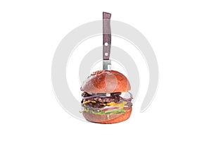 Burger with double meat cutlet, gamburger isolated on white background. Restaurant dish. Tasty Gamburger with beef meat