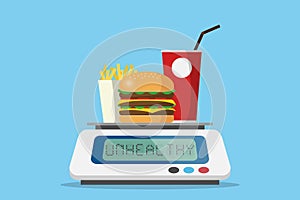 Burger with drinks and french fries on digital weight scale with healthy word, diet and health concept