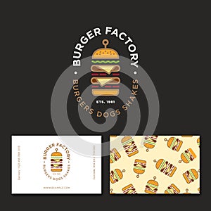 Burger factory logo. Hamburger restaurant emblem. Colored Linear flat logo. Big burger and letters on a dark background. Identity.