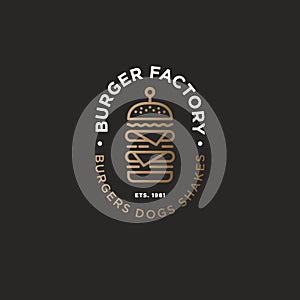 Burger factory logo. Hamburger restaurant emblem. Linear flat logo. Big burger and letters on a dark background.