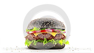 Burger falling beef, bun, vegetables slow motion, depth of field