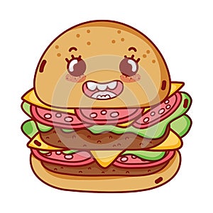 Burger fast food cute kawaii cartoon isolated icon