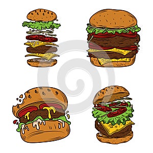 Burger fast food icons set, bitten burger, double hamburger and burger layers