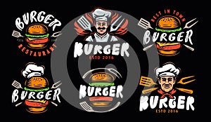 Burger, fast food logo emblem. Set of labels or badges for menu design restaurant or cafe. Vector illustration