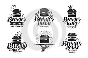 Burger, fast food logo or icon, emblem. Label for menu design restaurant or cafe. Lettering vector illustration