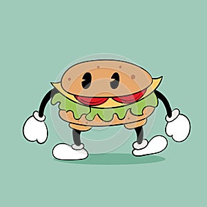 Burger fast food. Vintage toons: funny character, vector illustration trendy classic retro cartoon style