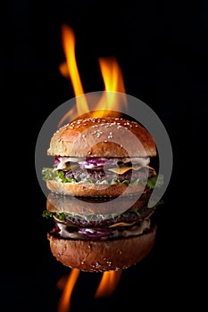 Burger with fire on a black background for the site1