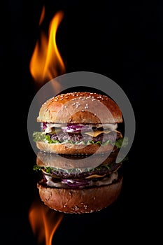 Burger with fire on a black background for the site2