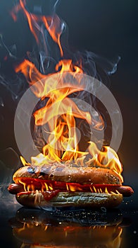Burger with fire flames on black background. Fast food concept.