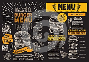 Burger flyer for restaurant. Vector food menu for bar and cafe.