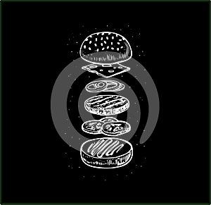 Burger with flying ingredients includes bun, cutlet,mustard, tomato, cheese, onion. Vector black vintage engraving illustration .