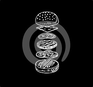 Burger with flying ingredients includes bun, cutlet,mustard, tomato, cheese, onion. Vector black vintage engraving illustration .