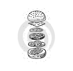 Burger with flying ingredients includes bun, cutlet,mustard, tomato, cheese, onion. Vector black vintage engraving illustration .