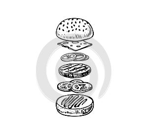 Burger with flying ingredients includes bun, cutlet,mustard, tomato, cheese, onion. Vector black vintage engraving illustration .