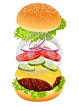 Burger with flying ingredients. Vector illustration.