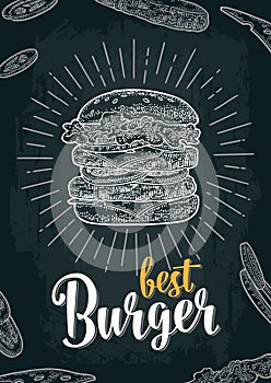 Burger with flying ingredients on white background. Vector black vintage engraving