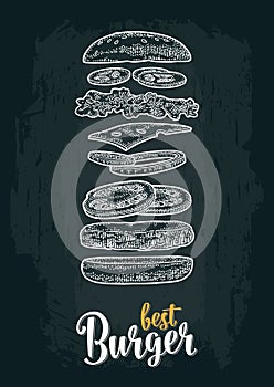 Burger with flying ingredients on white background. Vector monochrome vintage engraving