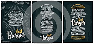 Burger with flying ingredients on white background. Vector monochrome vintage engraving