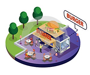 Burger Food Truck Isometric Artwork where there is a park beside and people are eating food.