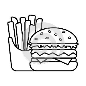 Burger and French fries in box, icon is black and white, isolated on white background