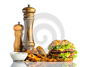 Burger with French Fries and Dipping Sauce