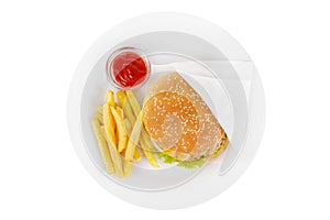 Burger and French fries isolated white