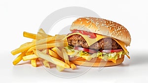 Burger and french fries isolated on white. Generative AI