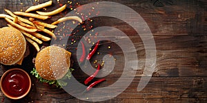 burger french fries peppers and ketchup on wooden surface, top view fast food with copy space