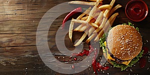 burger french fries peppers and ketchup wooden surface top view fast food hamburger chips and sauce with copy space