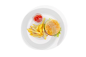 Burger and French fries on plate isolated white