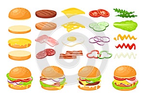 Burger fresh food ingredient set, cartoon fastfood cafe hamburger maker collection