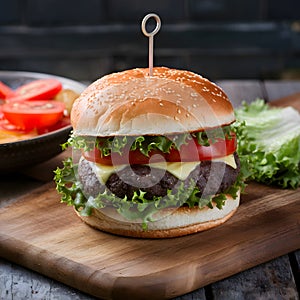 Burger with fresh lettuce and tomatoes on wooden cutting board