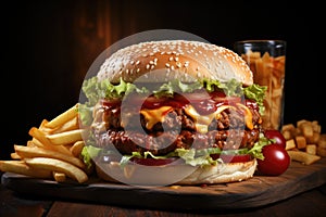 a burger with fries and a glass of beer